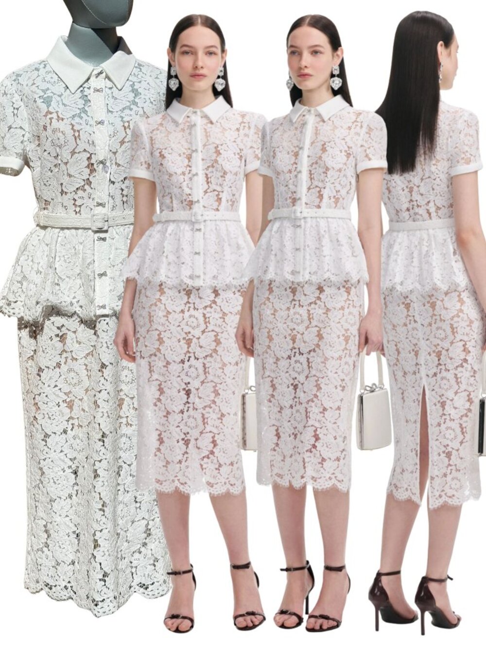 🆕 SELF-PORTRAIT 🧿 NWOT White Lace Peplum Belted Midi Dress, Sz UK 10 US 6